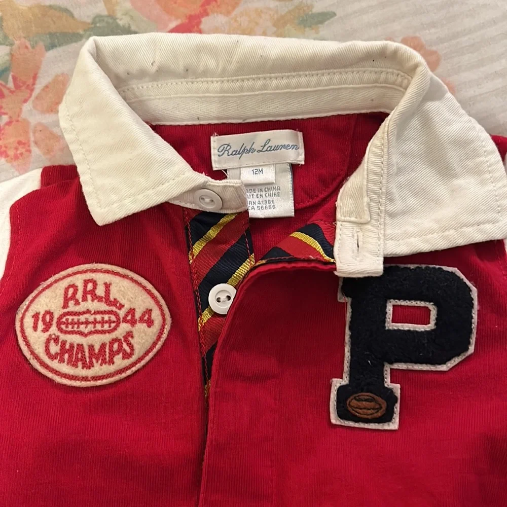 RED Ralph Lauren Football Romper w/feet out. Rugby style. 12M. 1944 Champs - Picture 3 of 6